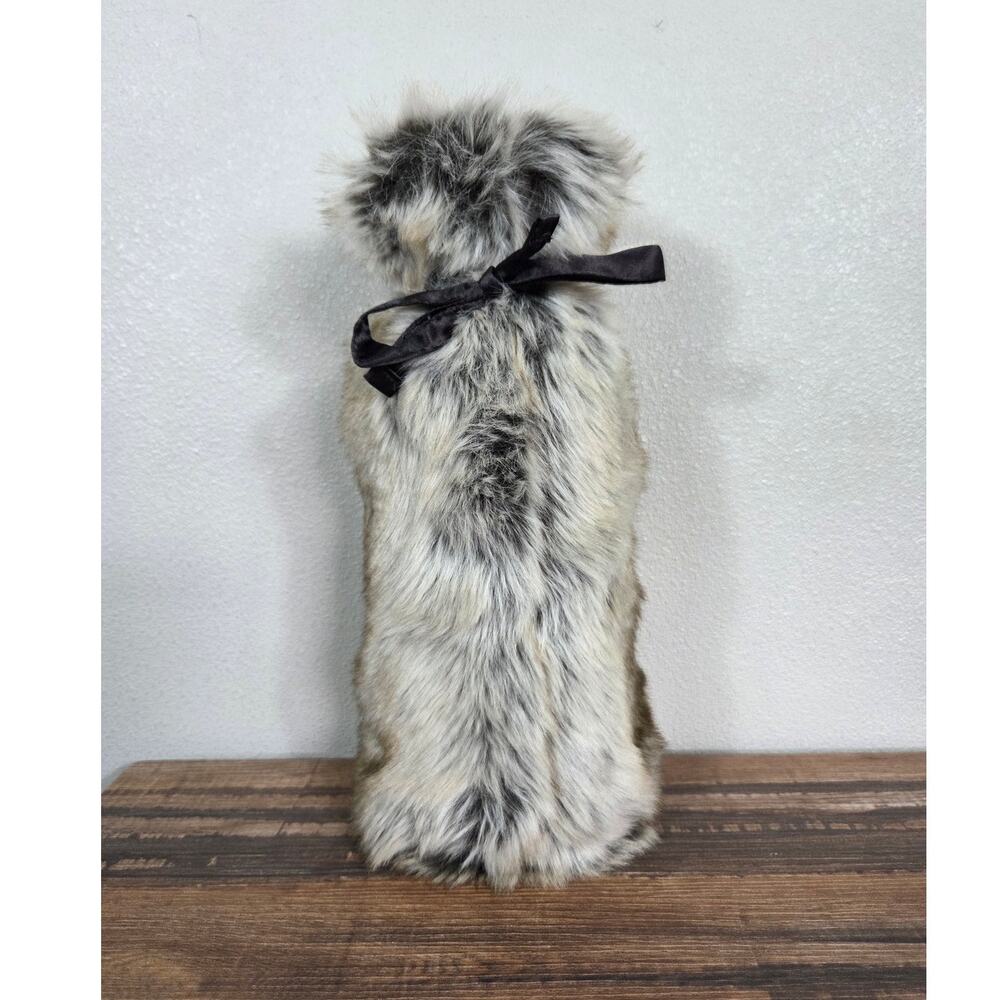Pottery Barn Brown Faux Fur Wine Bag with Ribbon Tie Vintage